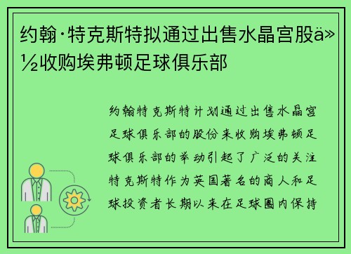 约翰·特克斯特拟通过出售水晶宫股份收购埃弗顿足球俱乐部 约翰·特克斯特拟通过出售水晶宫股份收购埃弗顿足球俱乐部